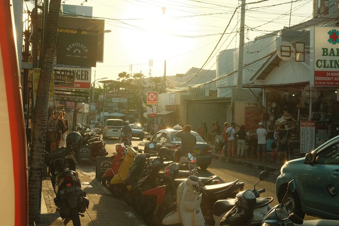 Seminyak street scene sunset traffic