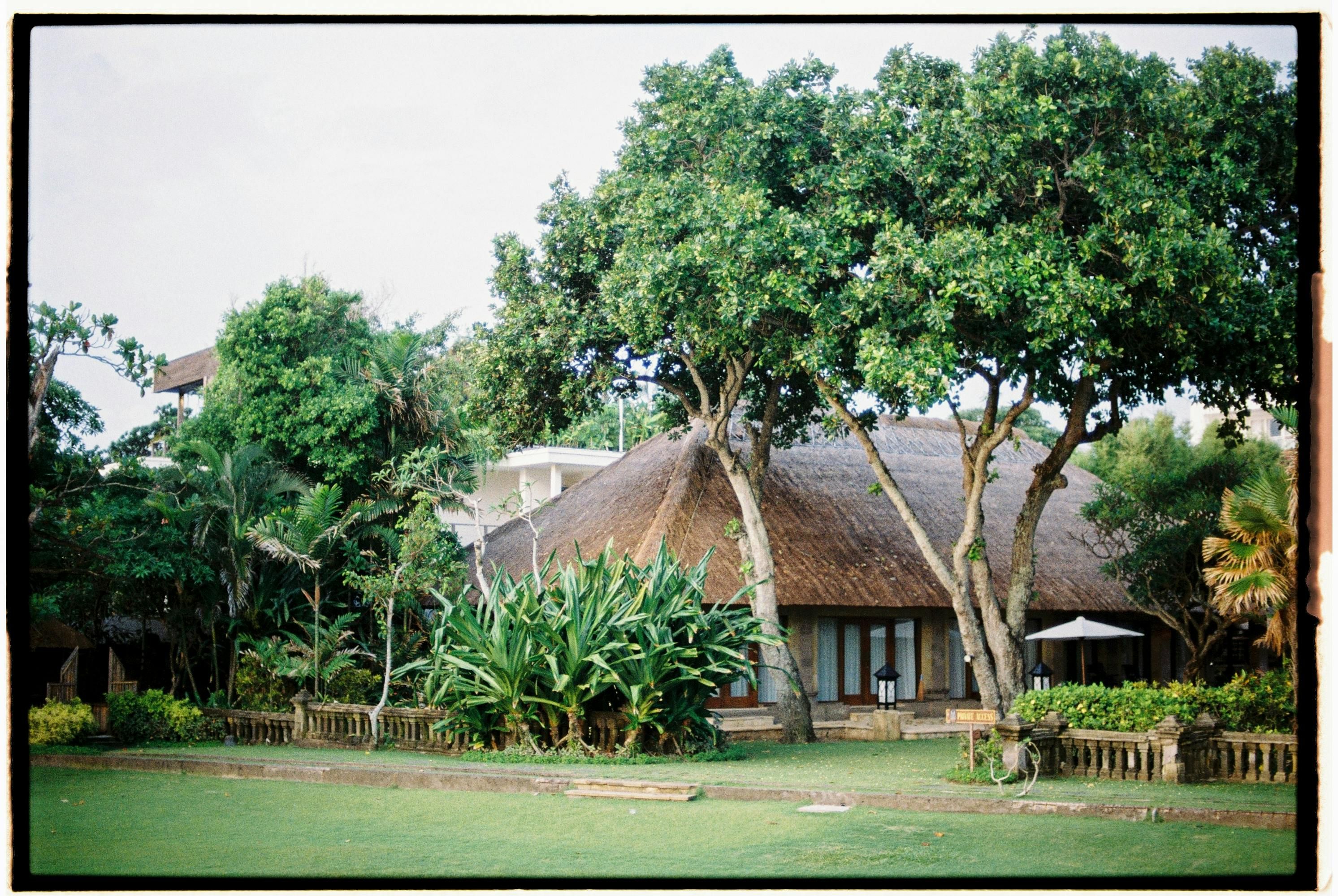 Bali — Charming Balinese bungalow nestled among tropical trees and greenery, offering a serene retreat.
