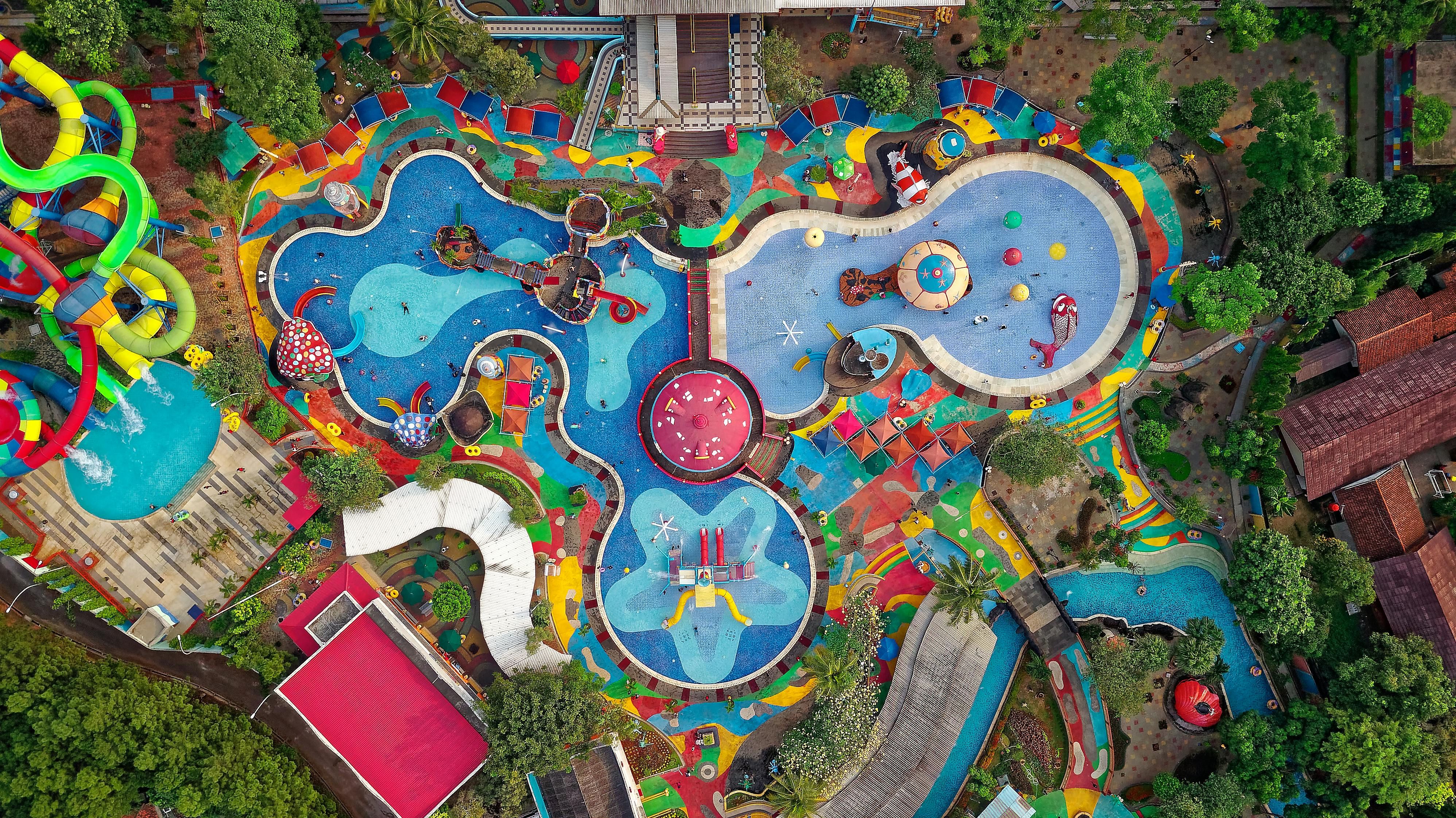 Bali — Colorful aerial shot of a lively water park in Serpong, Indonesia.