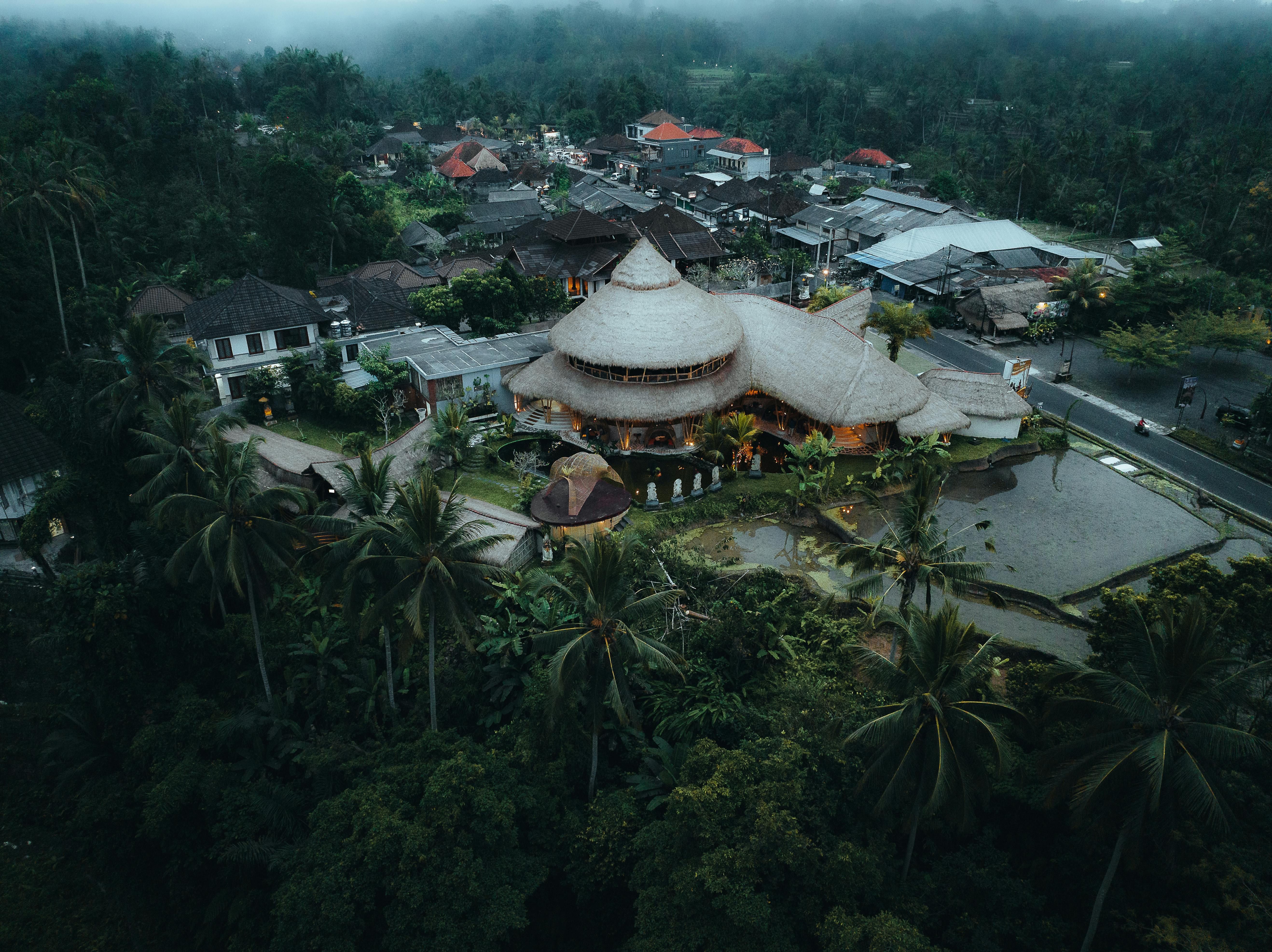 Bali — A stunning aerial view of a bamboo resort in Tegallalang, Bali, Indonesia, surrounded by lush greenery.