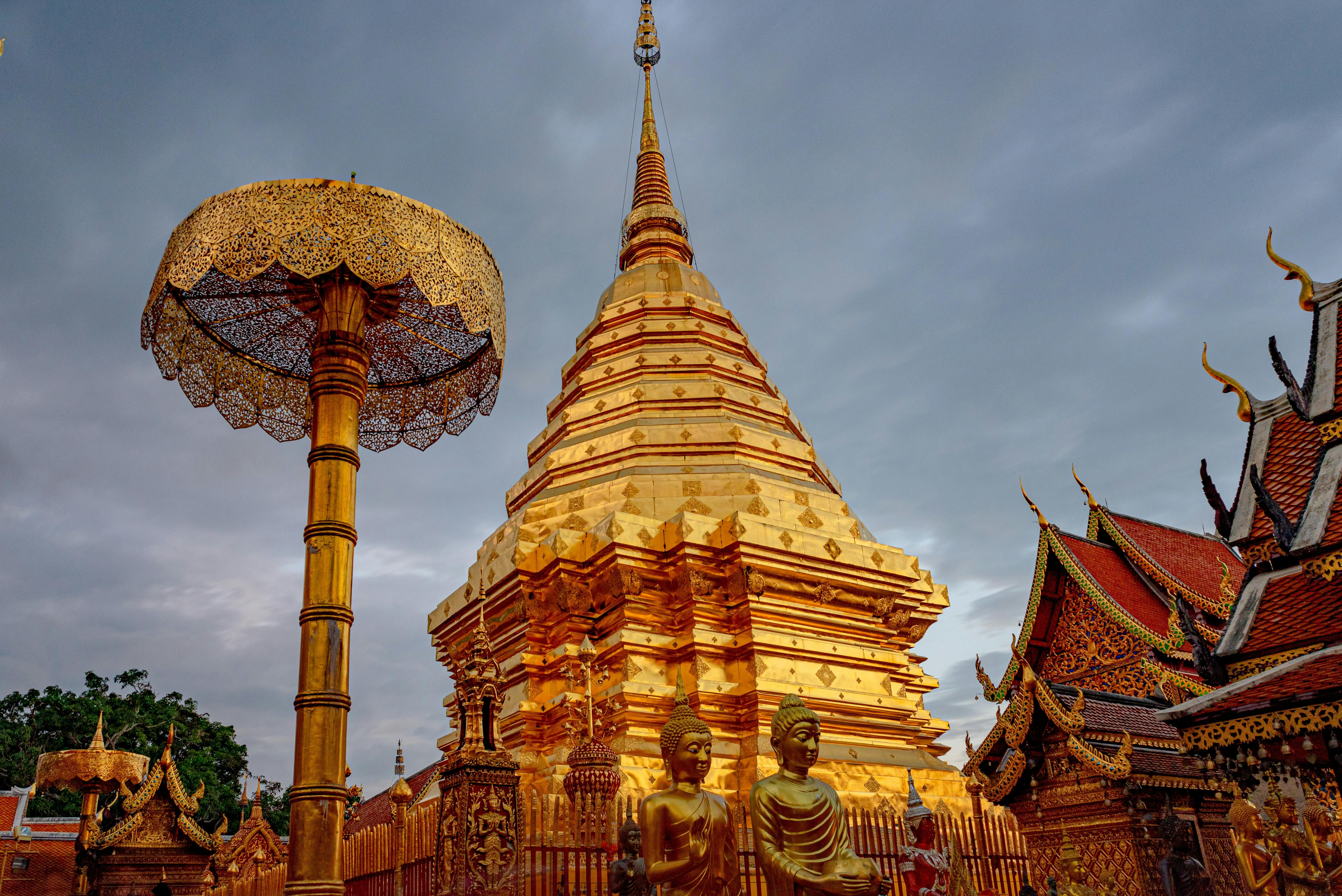 Doi Suthep temple golden chedi Chiang Mai mountain view, Thailand