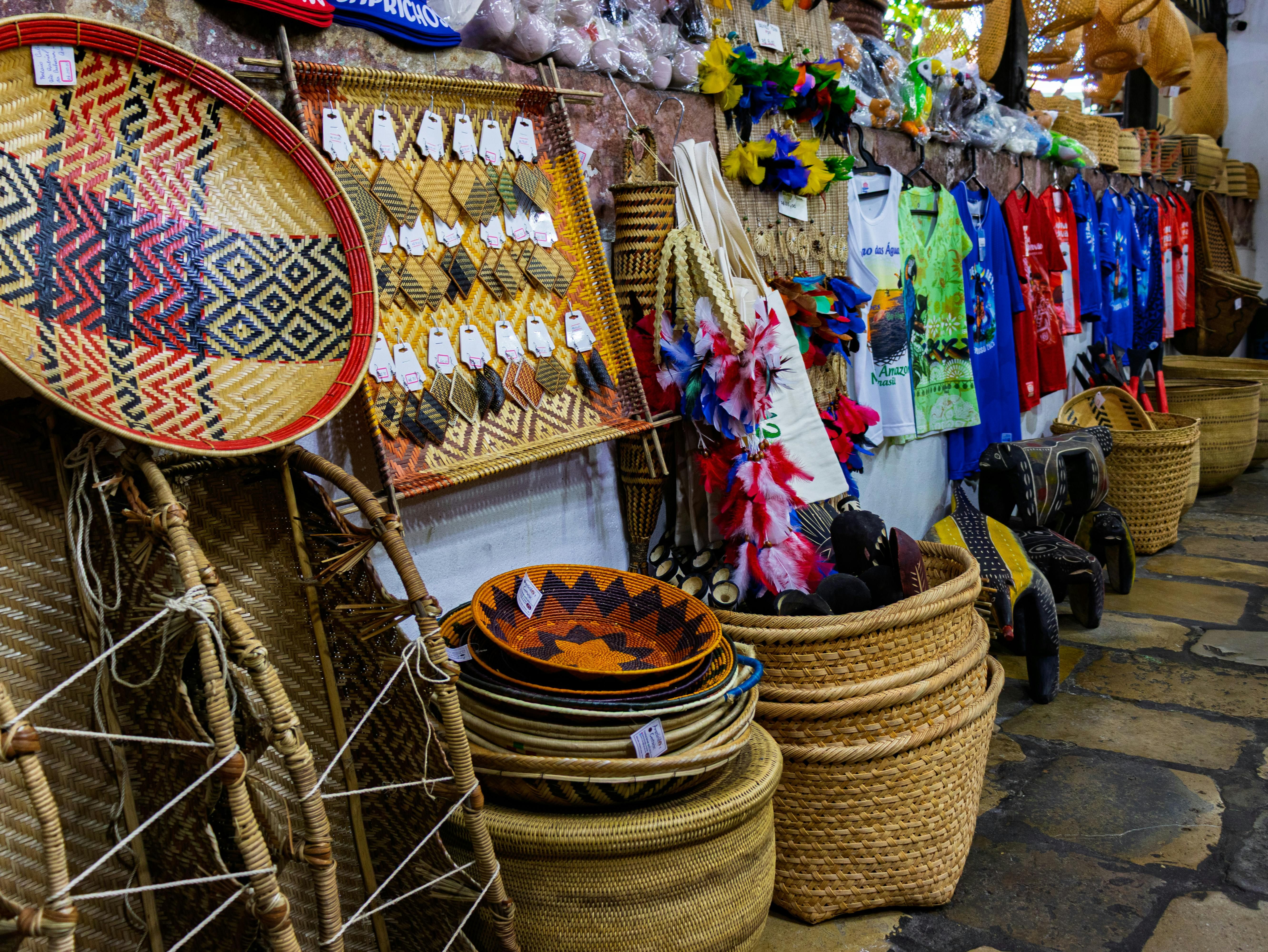 Fiji — Vibrant display of handmade crafts at a market in Amazonas, Brazil.