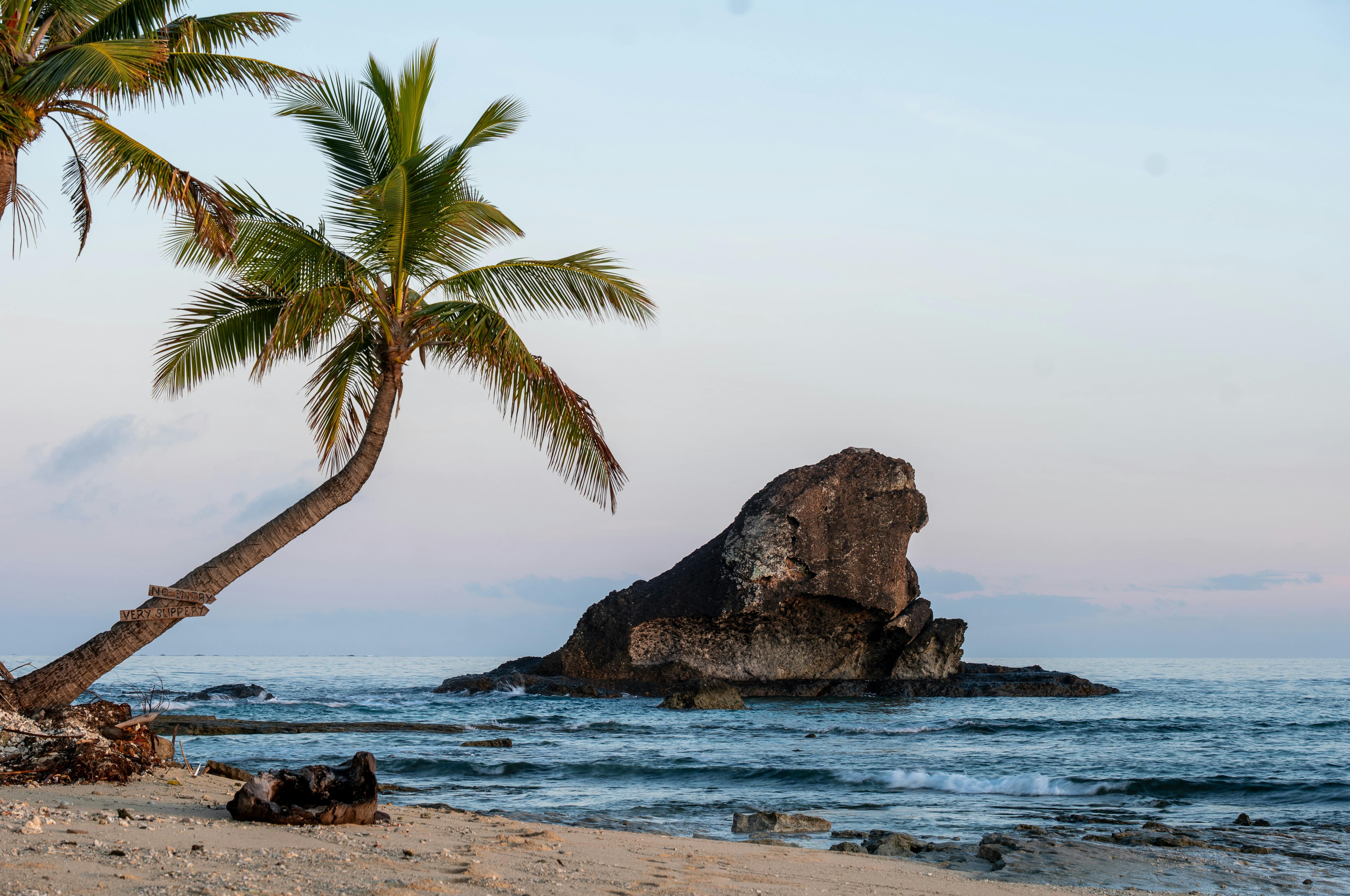 Fiji — Peaceful sunrise view of a pristine beach on Kuata Island with palm trees and coastal rock formations.