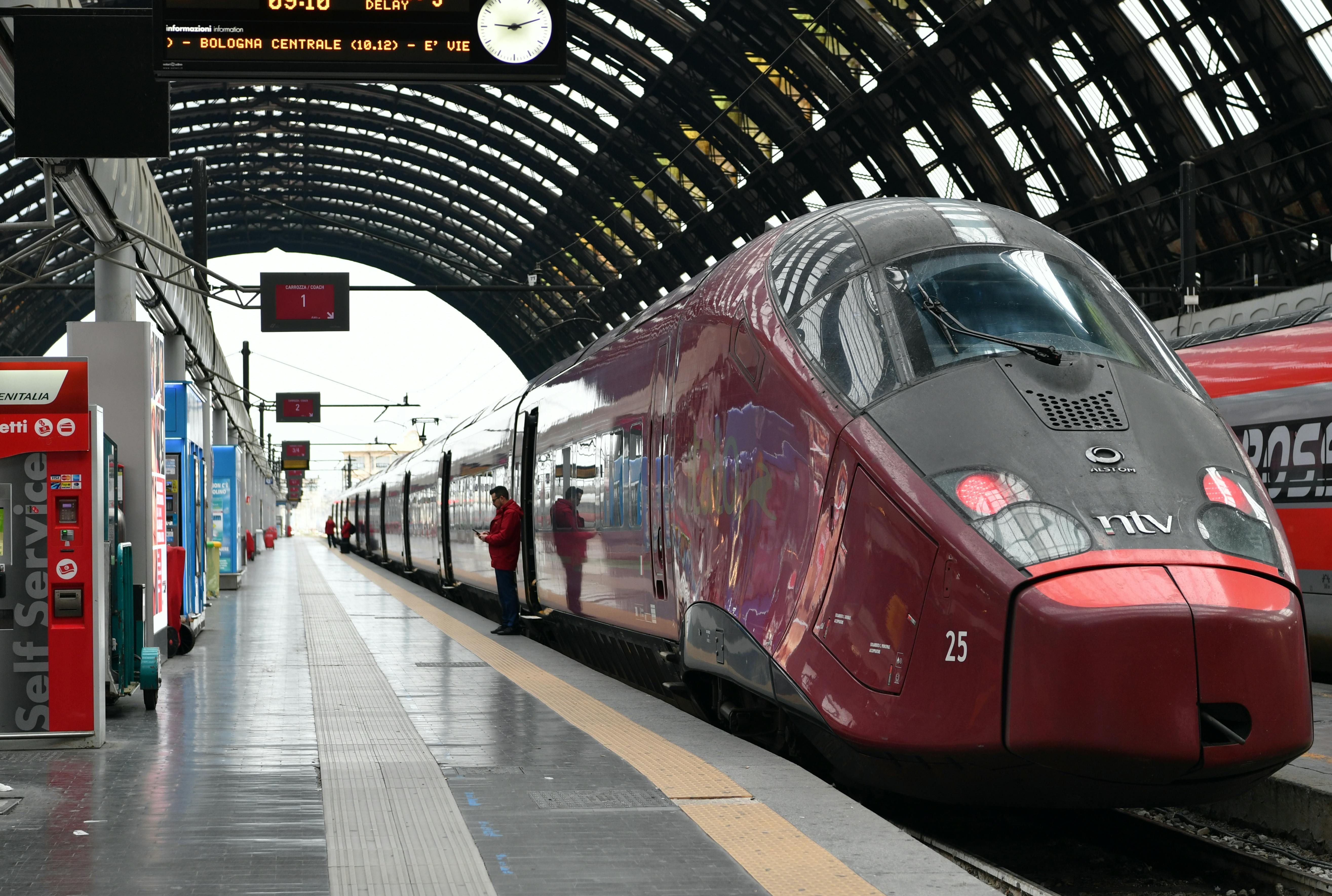 Italy — Modern high-speed train at Milano Centrale Railway Station in Italy.