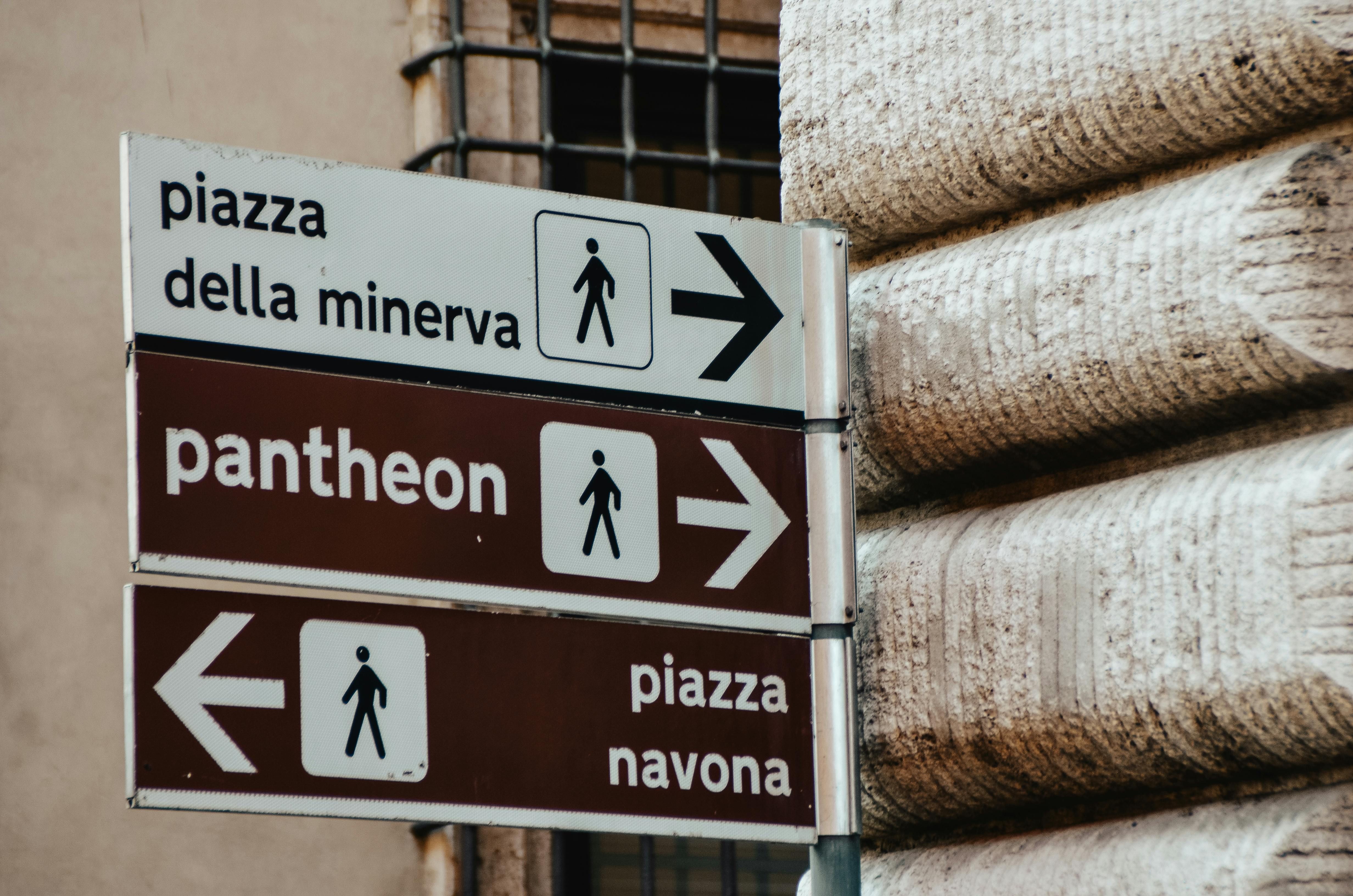 Italy — Close-up of direction signs to Pantheon and landmarks in Rome, Italy.