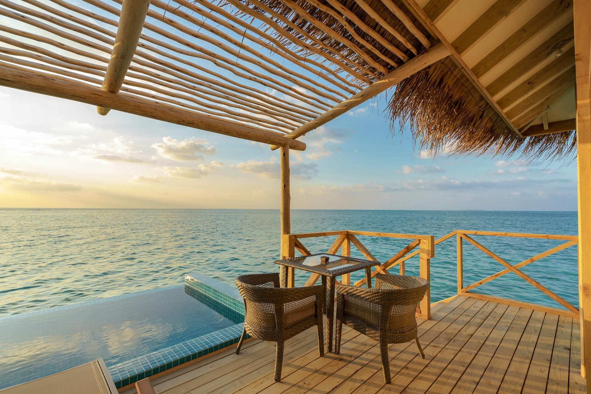 Maldives overwater villa aerial