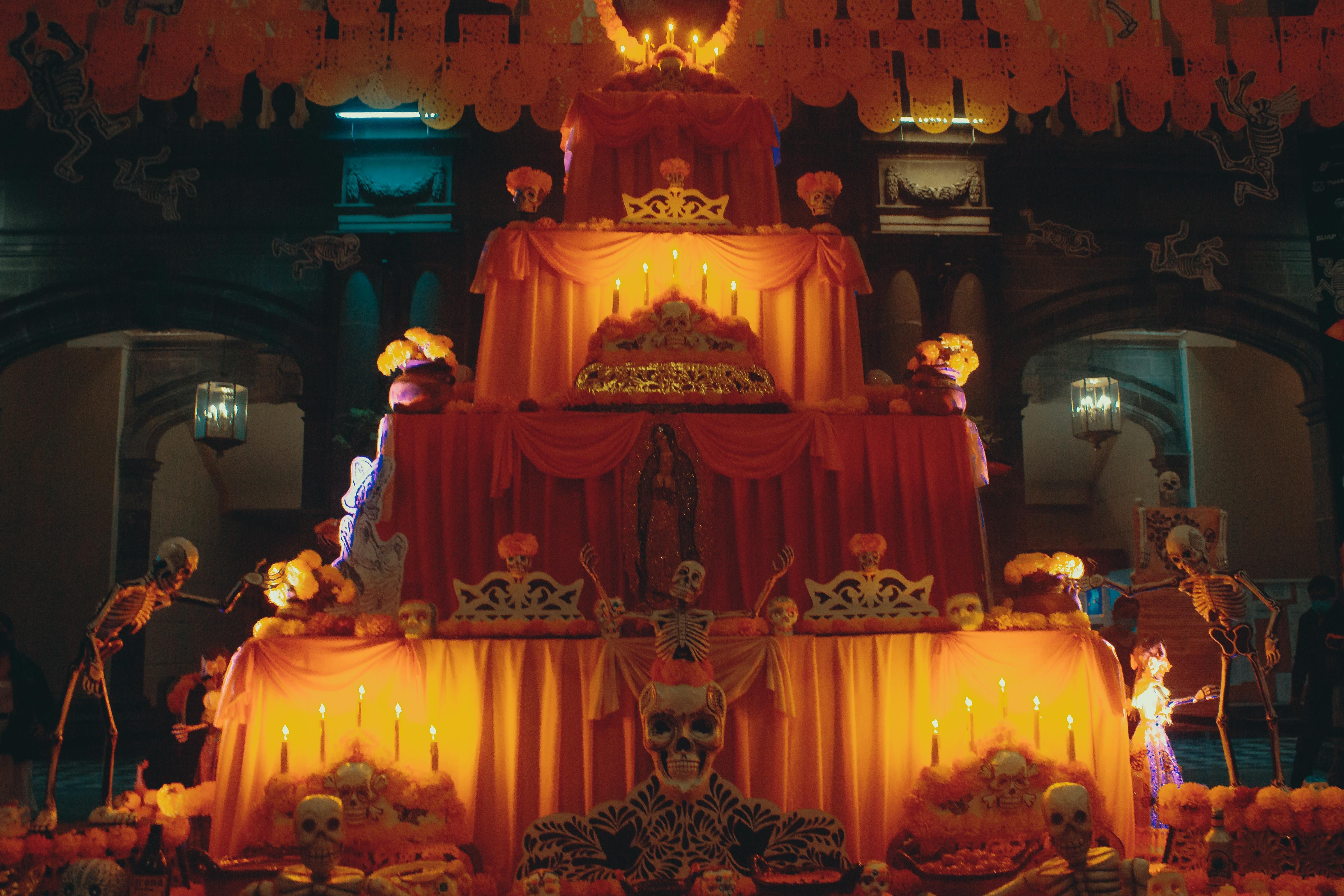 Mexico — Colorful altar for Dia de los Muertos with candles and decorations.
