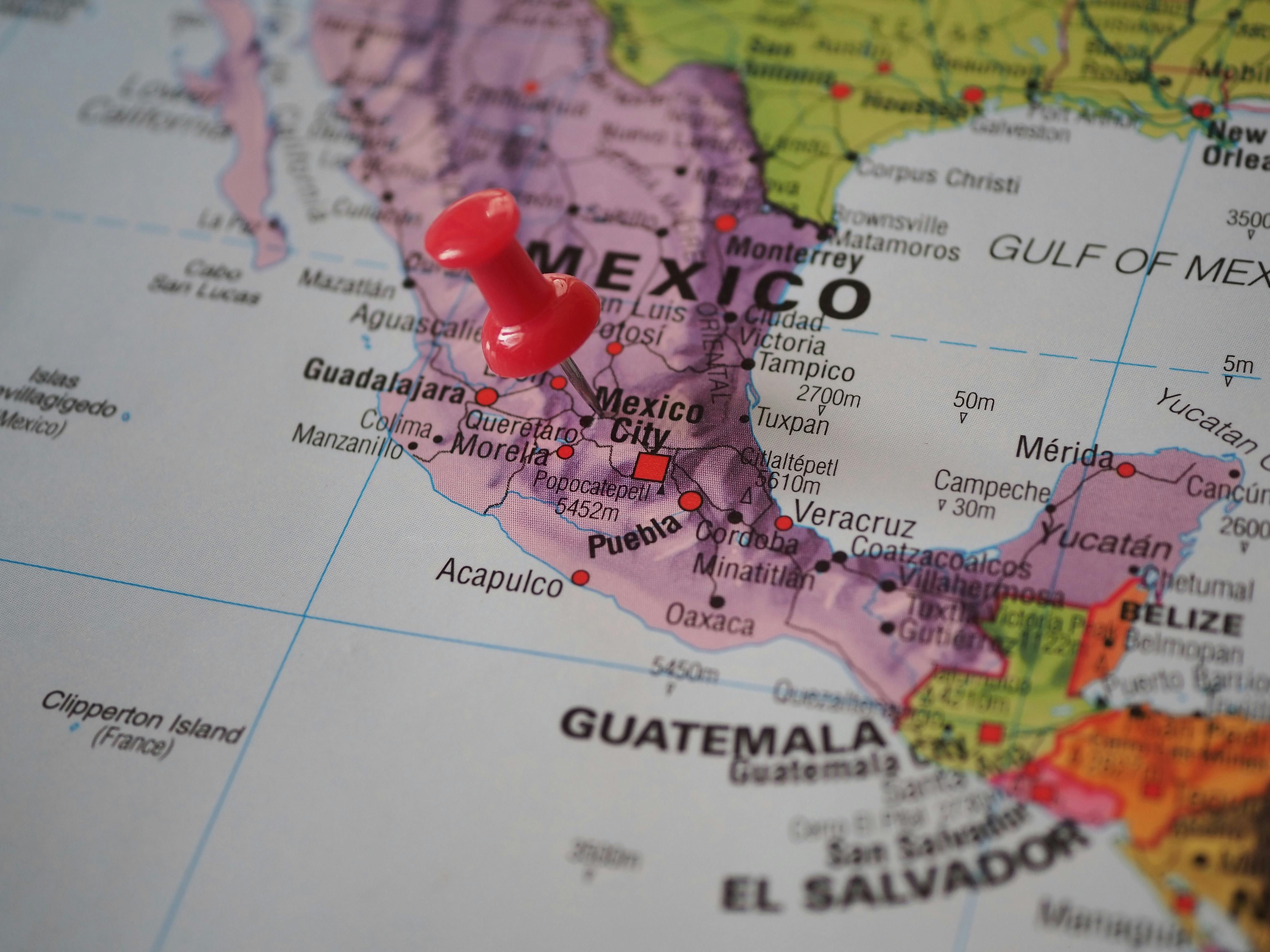 Mexico — Detailed close-up of a map featuring Mexico with a red pushpin highlighting a location.