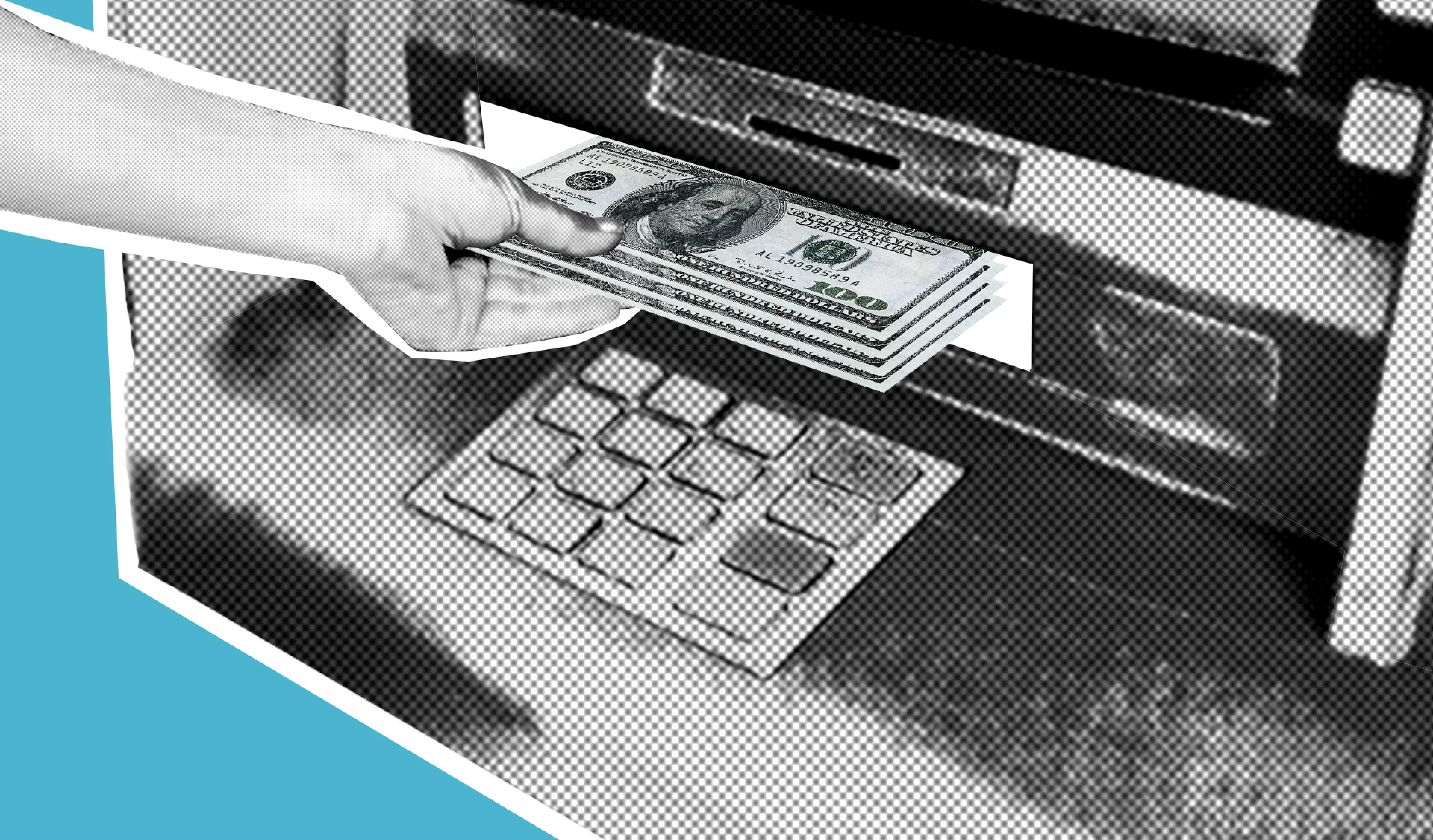 Mexico — Decorative cardboard illustration of hand of person withdrawing pile of dollar banknotes from automated teller machine