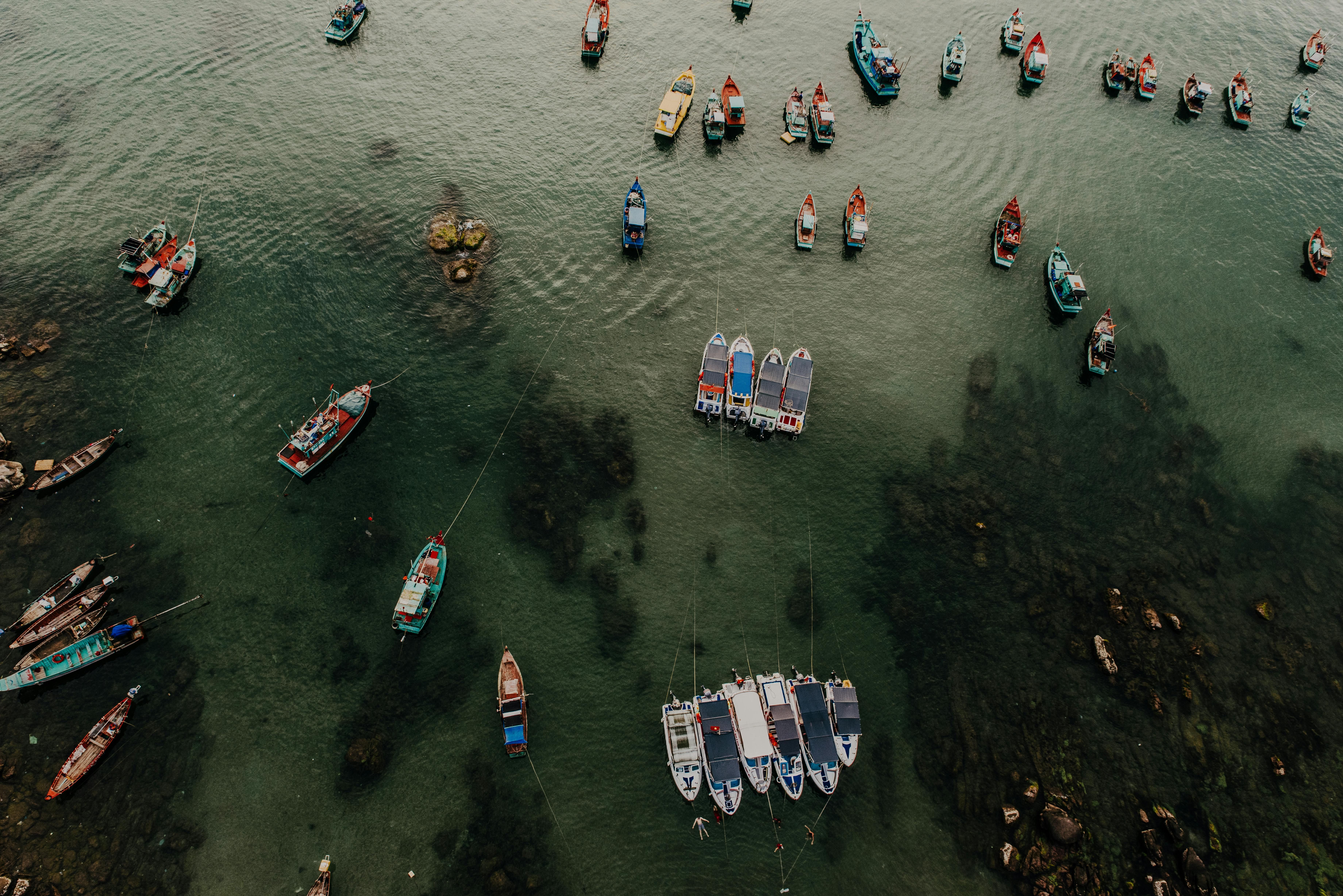Aerial view of colourful fishing boats in Phu Quoc coastal waters